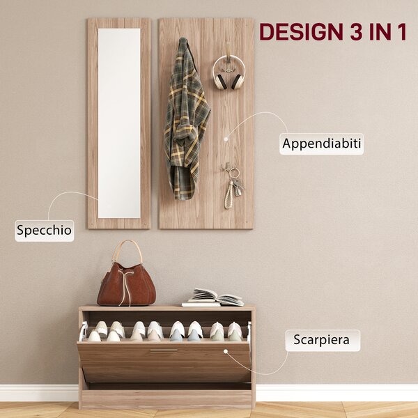 HOMCOM Set Mobili da Ingresso con Panca Scarpiera, Appendiabiti a Muro e Specchio, 80x27x46.5 cm, Marrone Scuro | Aosom Italy
