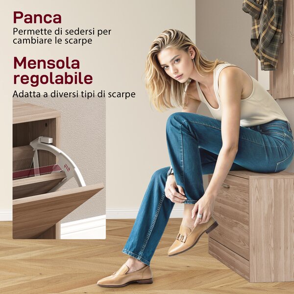 HOMCOM Set Mobili da Ingresso con Panca Scarpiera, Appendiabiti a Muro e Specchio, 80x27x46.5 cm, Marrone Scuro | Aosom Italy