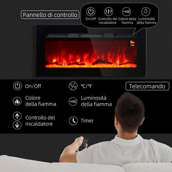 HOMCOM Camino Elettrico 1800W Regolabile con Telecomando, in Acciaio e Vetro Temperato, 91.4x15.8x45 cm, Nero