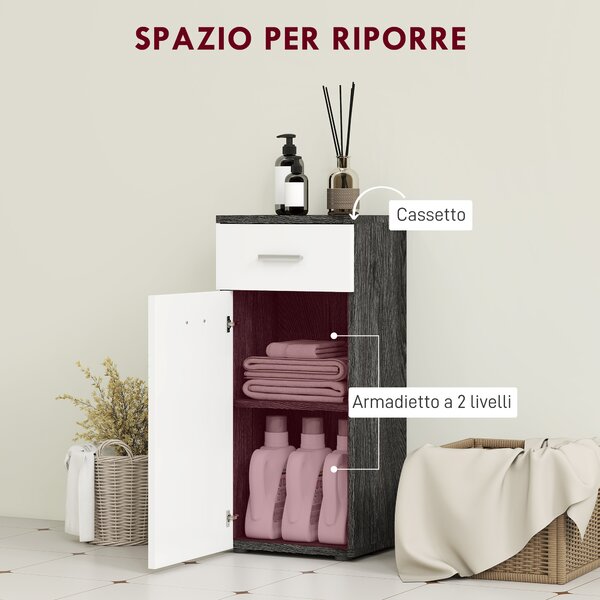 Kleankin Mobile Bagno con Cassetto e Armadietto in Legno, 35x30x77.5cm, Bianco e Nero | Aosom Italy