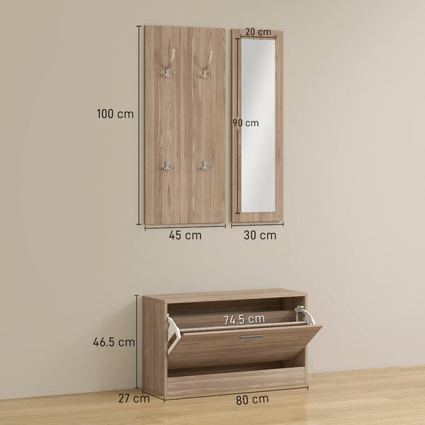 HOMCOM Set Mobili da Ingresso con Panca Scarpiera, Appendiabiti a Muro e Specchio, 80x27x46.5 cm, Marrone Scuro | Aosom Italy