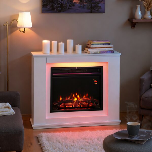 HOMCOM Camino Elettrico Potenza 1000W / 2000W con Fiamma a 12 Colori e 5 Luminosità, Telecomando e Timer, 98x25x80 cm, Bianco e Nero | Aosom Italy