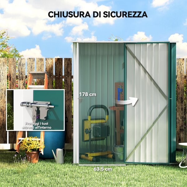 Outsunny Casetta da Giardino in Acciaio Porta Attrezzi con Catenaccio, 161.5x94.5x196cm, Verde | Aosom Italy