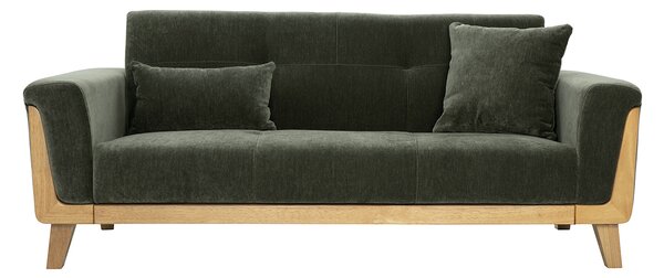 Divano Scandinavo 3 posti in tessuto effetto velluto verde kaki e legno chiaro FJORD