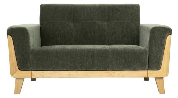 Divano Scandinavo 2 posti in tessuto effetto velluto verde kaki e legno chiaro FJORD