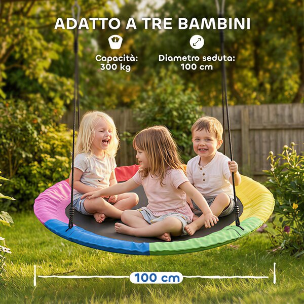 AIYAPLAY Altalena Nido per Bambini 3-8 Anni con Corde e Cinghie, in PE e Tessuto Oxford, 100x100x180 cm, Multicolore | Aosom Italy