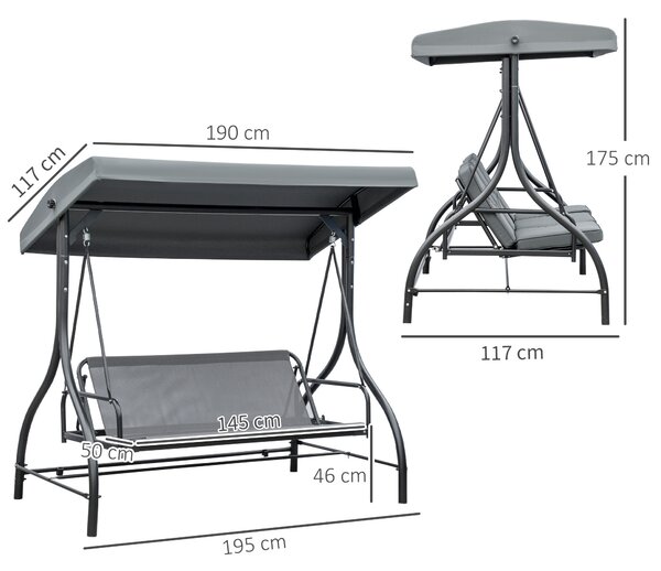 Outsunny Dondolo da Giardino 3 Posti Convertibile in Lettino con Tettuccio Regolabile, Grigio Scuro|Aosom