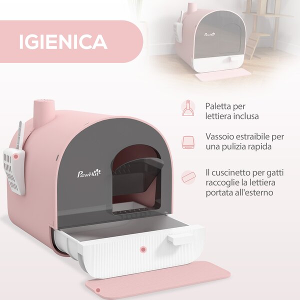 PawHut Lettiera per Gatti Chiusa con Vassoio Rimuovibile, Paletta e Filtro, 43x44x47cm, Rosa | Aosom