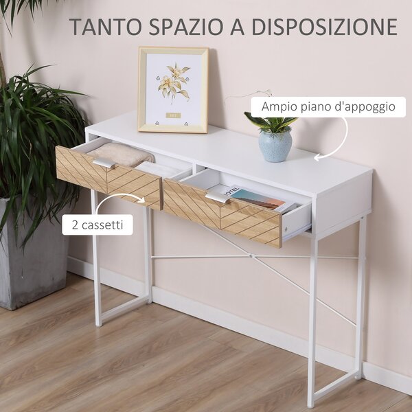HOMCOM Consolle Moderna con 2 Cassetti, Tavolo per Ingresso in Metallo con Struttura Incrociata, Tavolino per Soggiorno, Bianco|Aosom
