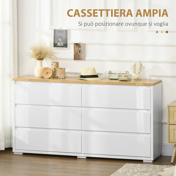 HOMCOM Cassettiera 6 Cassetti Moderna in Truciolato per Camera da Letto e Ingresso, 140x37x75cm, Bianco e Color Legno|Aosom