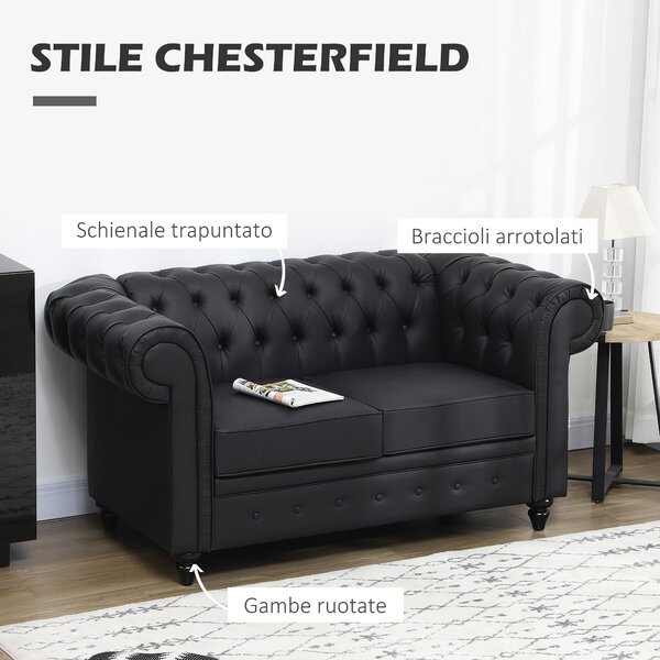 HOMCOM Moderno Divano Due Posti Stile Chesterfield in Ecopelle Nero con Gambe in Legno e Struttura Solida