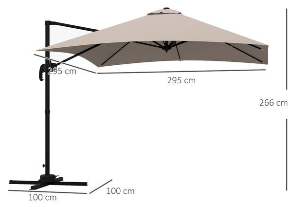 Outsunny Ombrellone 3x3 m a Braccio con 8 Stecche, Pedale e Manovella, in Alluminio e Poliestere, color Khaki|Aosom