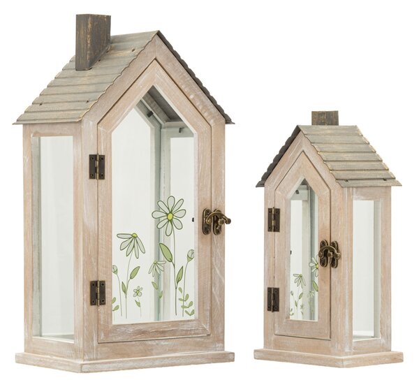 Lanterne Home Flower Coppia 18x13x36 cm in Legno e Vetro Marrone e Grigio e Verde