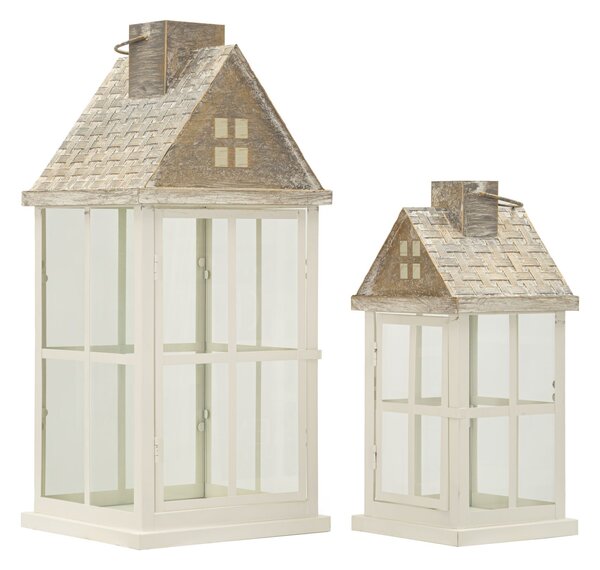 Lanterne Home Coppia 24,5x24,5x55 cm in Legno e Vetro Bianco e Grigio