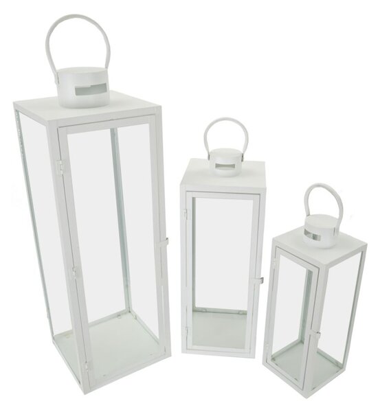 Lanterne White Set 3 Pz 22x22x66 cm - 18x18x49,5 cm - 14x14x39 cm in Ferro e Vetro Bianco
