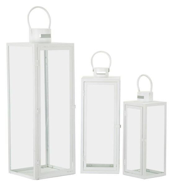 Lanterne White Set 3 Pz 22x22x66 cm - 18x18x49,5 cm - 14x14x39 cm in Ferro e Vetro Bianco