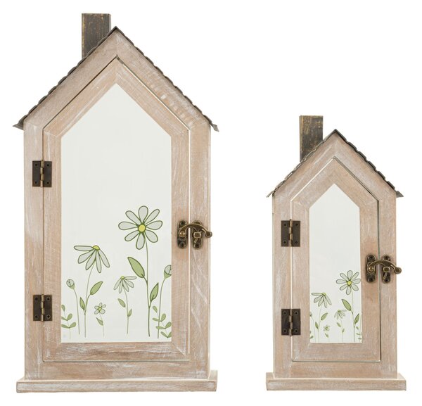 Lanterne Home Flower Coppia 18x13x36 cm in Legno e Vetro Marrone e Grigio e Verde