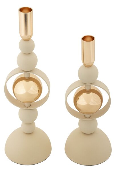 Porta Candele Saturno Crema Set 2 Pz Ø10x33 cm - Ø10x27 cm in Ferro Crema e Oro