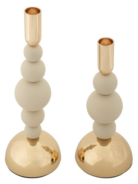 Porta Candele Bolly Crema Set 2 Pz Ø10x29,5 cm - Ø10x24 cm in Ferro Crema e Oro