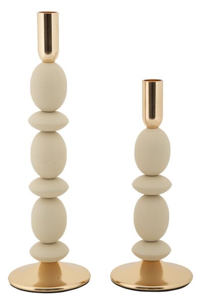 Porta Candele Shuttle Crema Set 2 Pz Ø10x33,5 cm - Ø10x25 cm in Ferro Crema e Oro