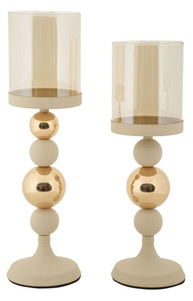 Porta Candele Glassy Crema Set 2 Pz Ø10x36 cm - Ø10x32 cm in Ferro Crema e Oro