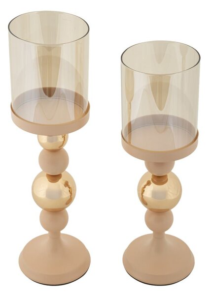 Porta Candele Glassy Rosa Set 2 Pz Ø10x36 cm - Ø10x32 cm in Ferro Rosa e Oro