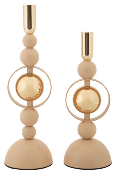 Porta Candele Saturno Rosa Set 2 Pz Ø10x33 cm - Ø10x27 cm in Ferro Rosa e Oro