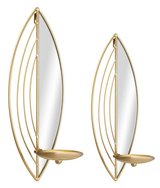 Porta Candele Leaf da Muro Coppia 18x13x42 cm - 15x13x35 cm in Ferro e Specchio Oro