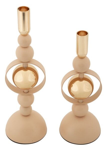 Porta Candele Saturno Rosa Set 2 Pz Ø10x33 cm - Ø10x27 cm in Ferro Rosa e Oro