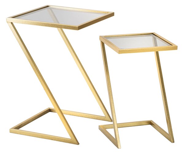 Tavolinetti Z Coppia 40x40x60 cm - 30x30x50 cm in Ferro e Vetro Oro