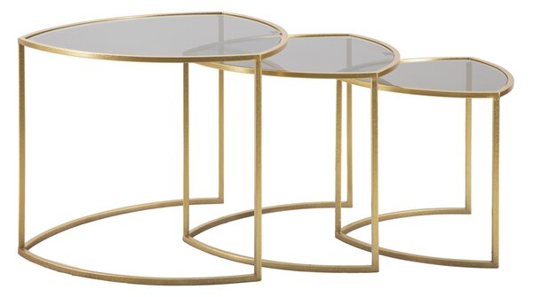 Tavolinetti da Caffè Triangle Set 3 Pz Ø60x50 cm - Ø50x45 cm - Ø40x40 cm in Ferro e Vetro Oro