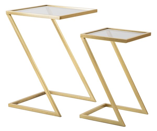 Tavolinetti Z Coppia 40x40x60 cm - 30x30x50 cm in Ferro e Vetro Oro
