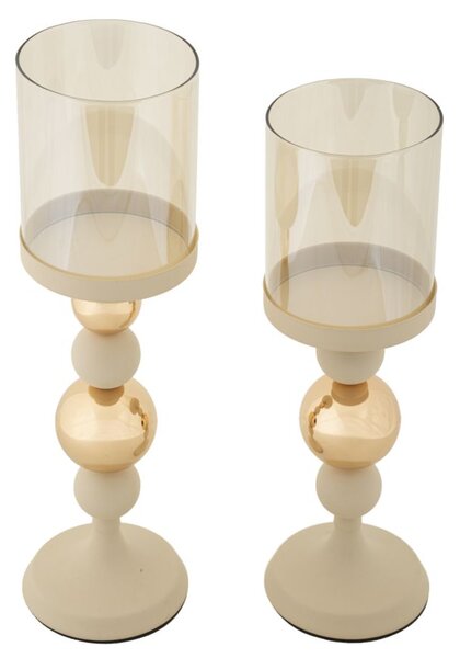 Porta Candele Glassy Crema Set 2 Pz Ø10x36 cm - Ø10x32 cm in Ferro Crema e Oro