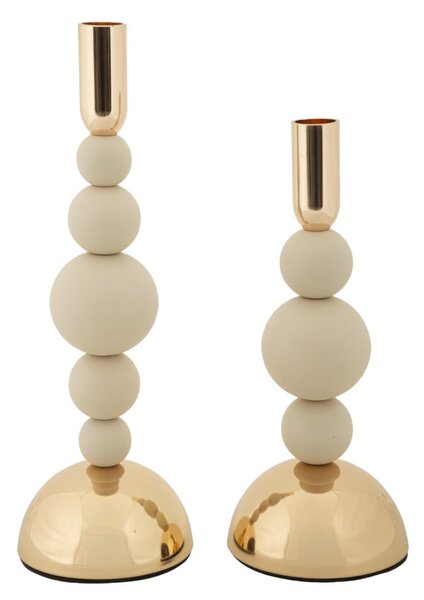Porta Candele Bolly Crema Set 2 Pz Ø10x29,5 cm - Ø10x24 cm in Ferro Crema e Oro