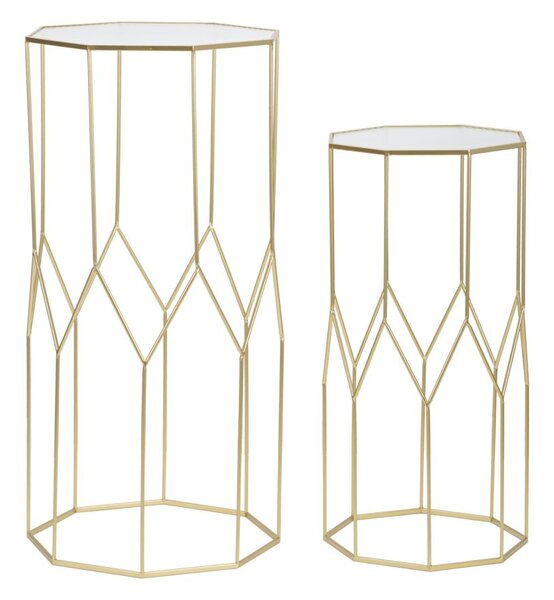 Tavolino Soggiorno New Glass Coppia 50x46x100 cm - 40x37x80 cm in Ferro e Vetro Oro