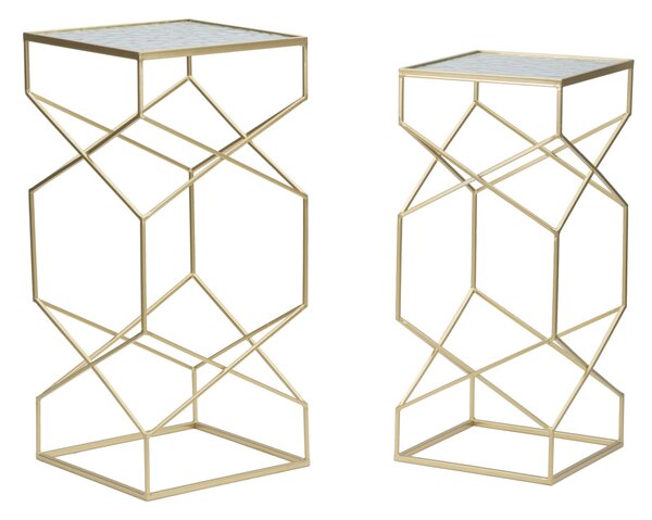 Tavolinetti Glassy Coppia 31,5x31,5x68 cm - 28x28x64 cm in Ferro e Vetro Oro