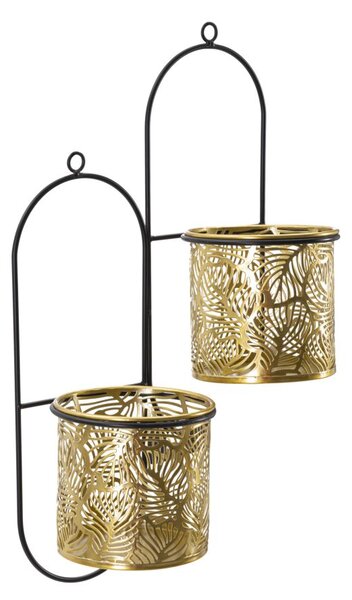 Porta Vaso da Muro Doppio Hong 27x14x48 cm in Ferro Nero e Oro