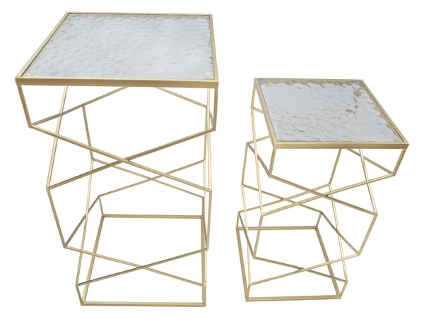 Tavolino Soggiorno Glassy Coppia 50x50x100 cm - 40x40x80 cm in Ferro e Vetro Oro