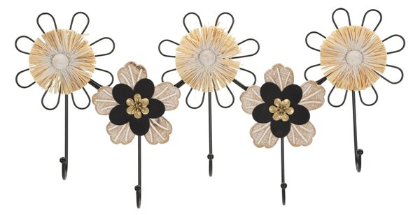 Appendiabiti Ferro, Legno Raffia 61x5,5x30,5 cm in Ferro e MDF e Rafia Nero e Marrone