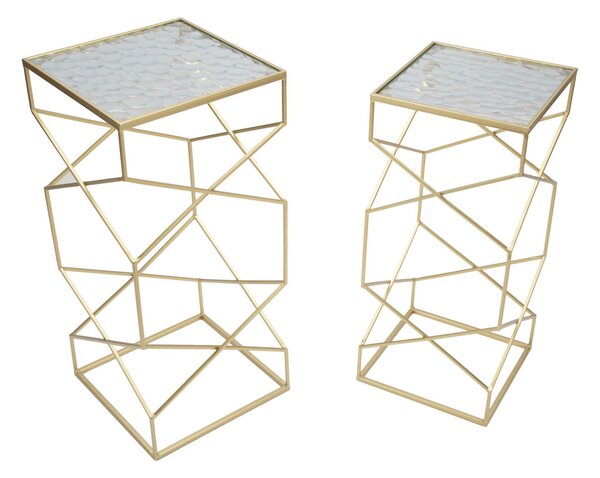 Tavolinetti Glassy Coppia 31,5x31,5x68 cm - 28x28x64 cm in Ferro e Vetro Oro