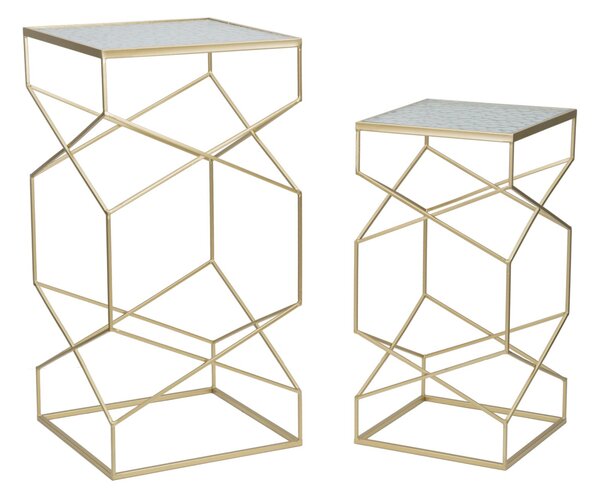 Tavolino Soggiorno Glassy Coppia 50x50x100 cm - 40x40x80 cm in Ferro e Vetro Oro