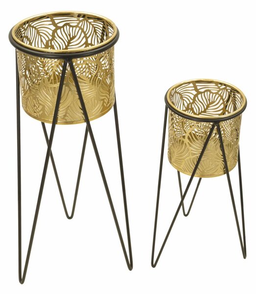 Porta Vasi Drak Coppia 21x20x46 cm - 18x18x32 cm in Ferro Nero e Oro