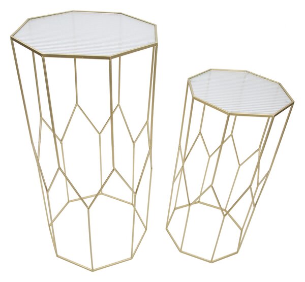 Tavolino Soggiorno New Glass Coppia 50x46x100 cm - 40x37x80 cm in Ferro e Vetro Oro