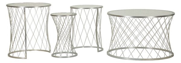 Tavolinetti Noah Silver Set 4 Pz Ø47x54,5 cm - Ø36x50 cm - Ø28x45 cm - Ø70x45 cm in Ferro e Vetro Argento