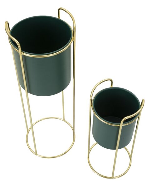 Porta Vasi Grent Slim Set 2 Pz Ø24x70 cm - Ø19,5x45 cm in Ferro Verde e Oro