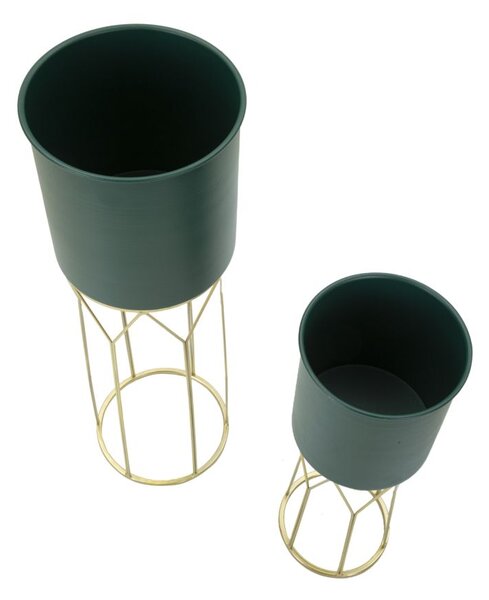 Porta Vasi Grent Stand Set 2 Pz Ø23x70 cm - Ø19x50 cm in Ferro Verde e Oro