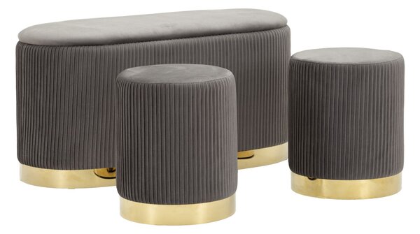 Panca con Contenitore e Sgabelli Shopy Grigia Set 3 Pz 80x37x42 cm - Ø29x35 cm in Ferro e MDF e Spugna e Poliestere Grigio e Oro