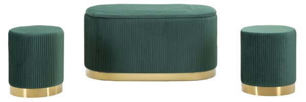 Panca con Contenitore e Sgabelli Shopy Verde Set 3 Pz 80x37x42 cm - Ø29x35 cm in Ferro e MDF e Spugna e Poliestere Verde e Oro