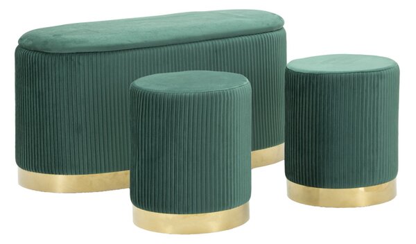 Panca con Contenitore e Sgabelli Shopy Verde Set 3 Pz 80x37x42 cm - Ø29x35 cm in Ferro e MDF e Spugna e Poliestere Verde e Oro
