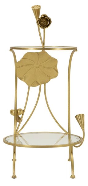Tavolinetto 2 Ripiani Flowers Ø40x78 cm in Ferro e Vetro Oro